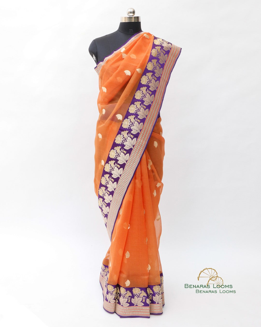Orange Handwoven Pure Organza Silk Banarasi Saree