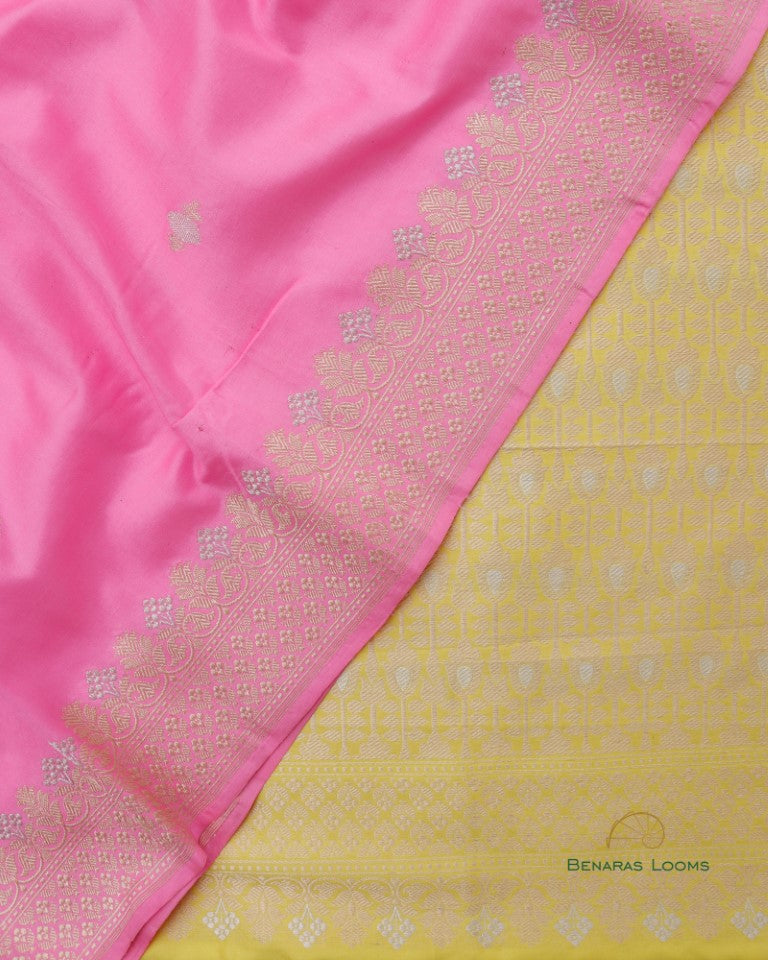 Lemon Yellow &amp; Pink Handwoven Pure Kataan Silk Banarasi Three Piece Suit Set