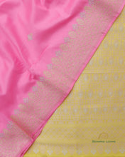 Load image into Gallery viewer, Lemon Yellow &amp; Pink Handwoven Pure Kataan Silk Banarasi Three Piece Suit Set
