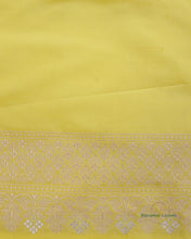 Load image into Gallery viewer, Lemon Yellow &amp; Pink Handwoven Pure Kataan Silk Banarasi Three Piece Suit Set
