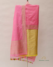 Load image into Gallery viewer, Lemon Yellow &amp; Pink Handwoven Pure Kataan Silk Banarasi Three Piece Suit Set
