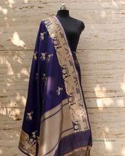 Load image into Gallery viewer, Navy Blue Pure Kataan Silk Shikargah Kadhua Dupatta
