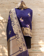 Load image into Gallery viewer, Navy Blue Pure Kataan Silk Shikargah Kadhua Dupatta
