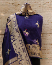 Load image into Gallery viewer, Navy Blue Pure Kataan Silk Shikargah Kadhua Dupatta
