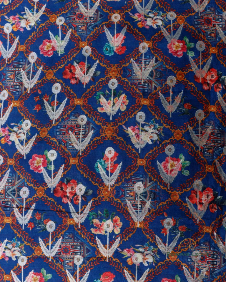 Blue Digital Printed Butidar Handwoven Pure Chiniya Silk Fabric