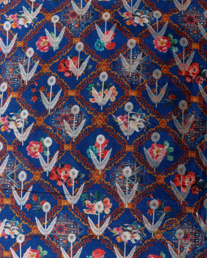 Blue Digital Printed Butidar Handwoven Pure Chiniya Silk Fabric