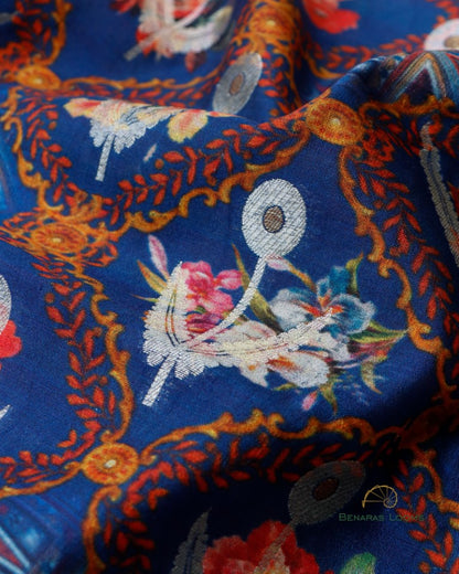 Blue Digital Printed Butidar Handwoven Pure Chiniya Silk Fabric
