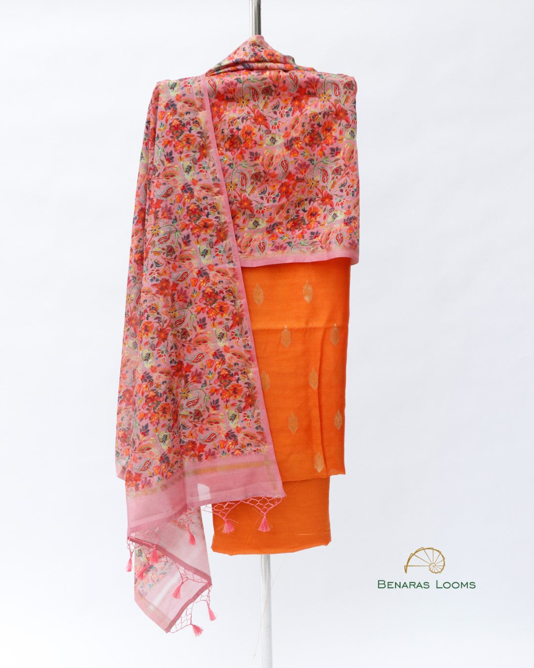 Orange Handwoven Chanderi Silk Unstitched Suit Set