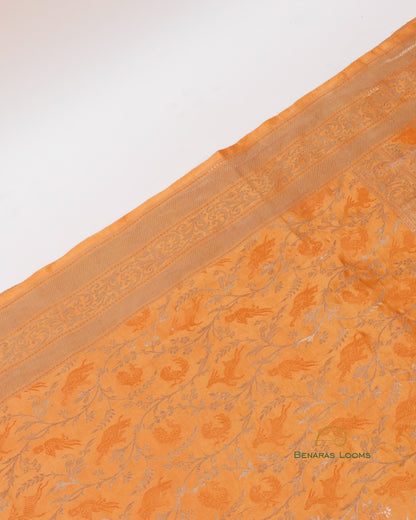 Orange Handwoven Pure Silk Shikargah Banarasi Saree