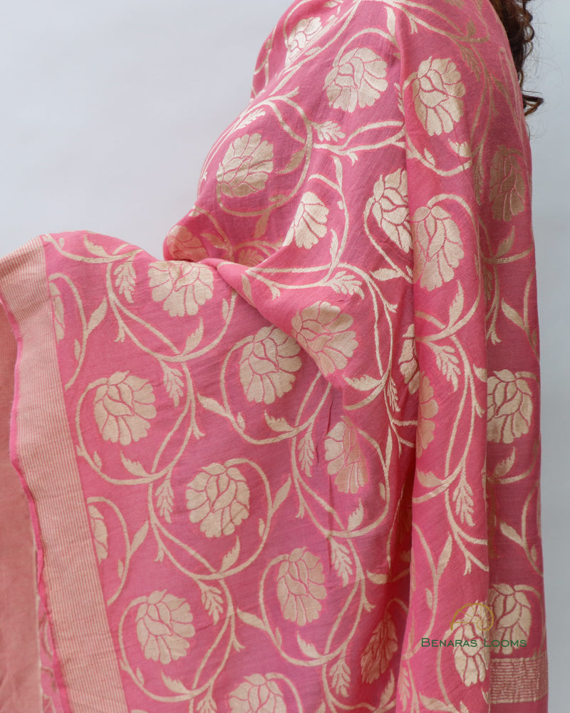 Pastel Pink Handwoven Pure Munga Silk Benarasi Dupatta
