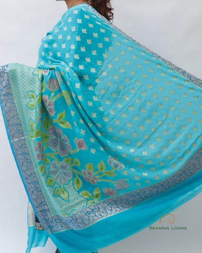 Blue Handwoven Pure Khaddi Georgette Banarasi Dupatta