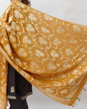 Load image into Gallery viewer, Mustard Handwoven Pure Munga Silk Jaal Banarasi Dupatta
