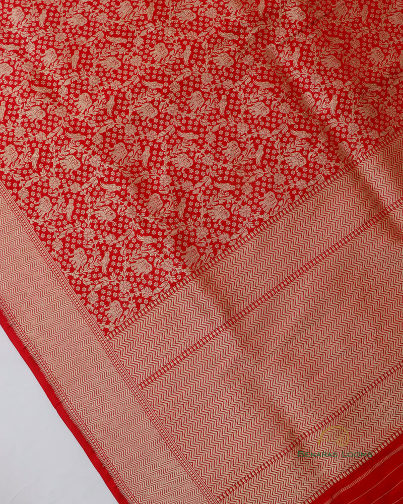 Red Handwoven Pure Kataan Silk Brocade Shikargah Dupatta