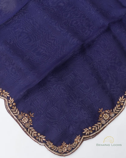 Navy Blue Pure Organza Banarasi Dupatta