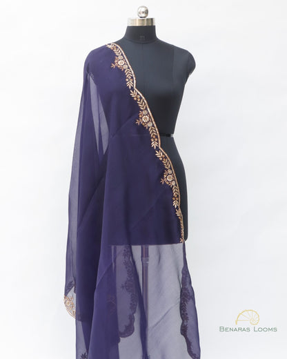 Navy Blue Pure Organza Banarasi Dupatta