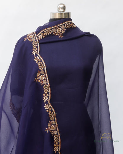 Navy Blue Pure Organza Banarasi Dupatta