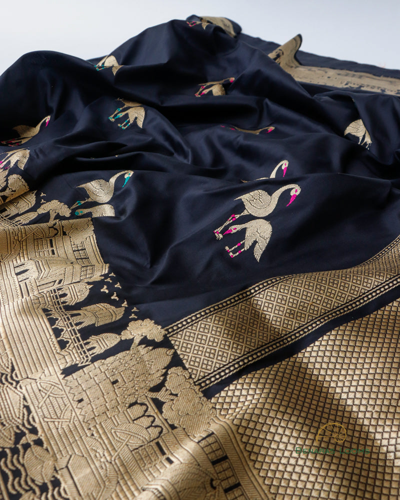Black Handwoven Pure Kataan Silk Shikaargah Saree