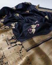 Load image into Gallery viewer, PRE-ORDER:Black Handwoven Pure Kataan Silk Shikaargah Saree
