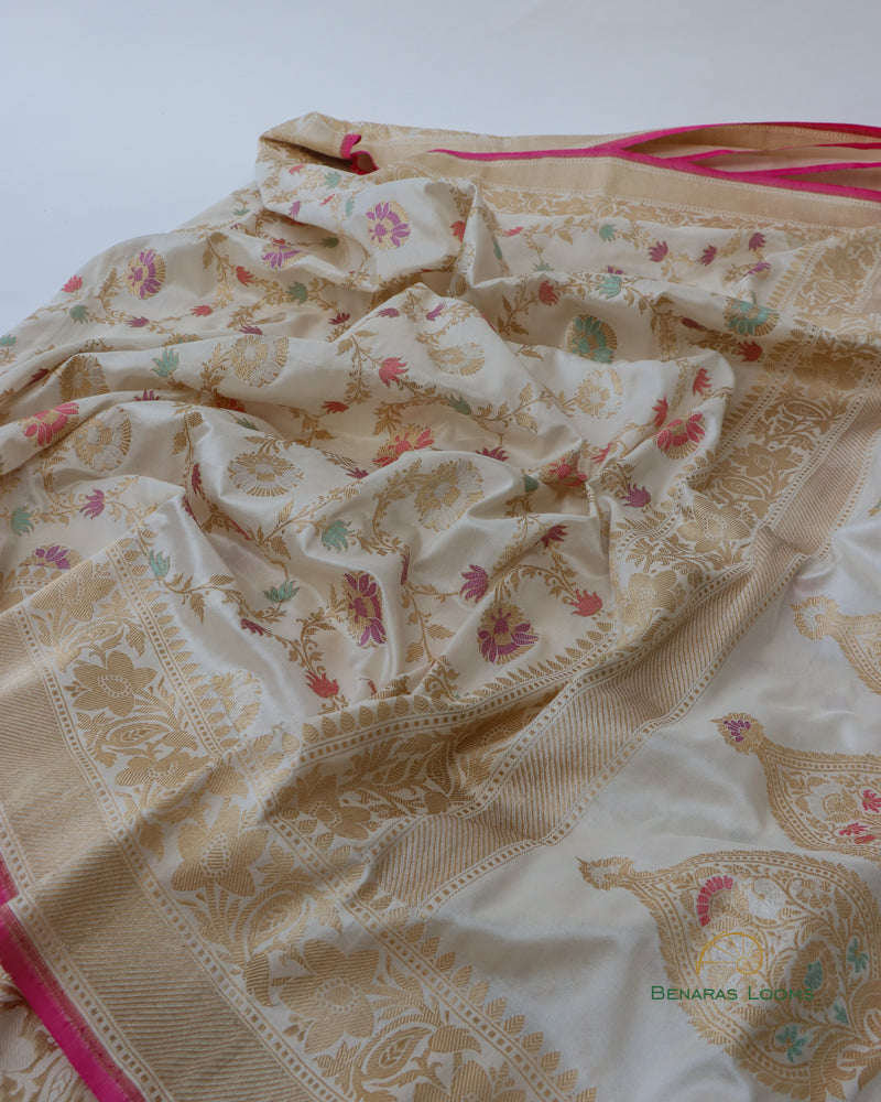 Cream Handwoven Pure Kataan Kadhua Jangla Benarasi Saree