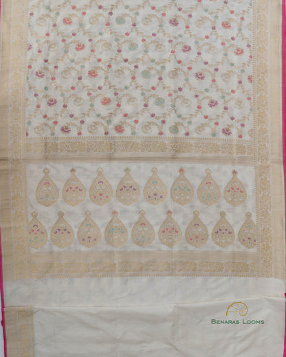 Cream Handwoven Pure Kataan Kadhua Jangla Benarasi Saree
