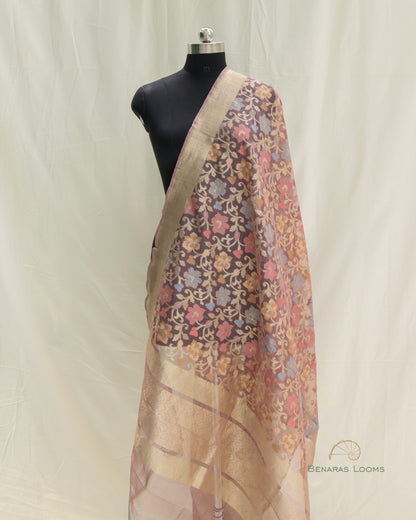 Dusty Pink Organza Net Banarasi Handwoven Dupatta