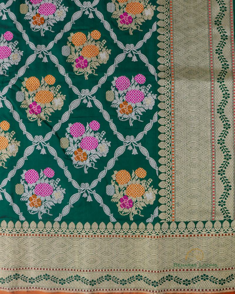 Green Handwoven Pure Kataan Silk Kadhua Jangla Banarasi Saree With Meenakari