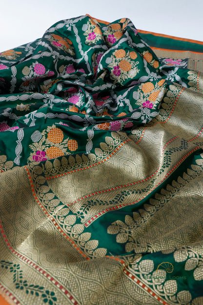 Green Handwoven Pure Kataan Silk Kadhua Jangla Banarasi Saree With Meenakari