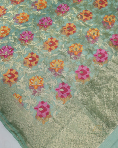 Green Organza Net Banarasi Handwoven Dupatta