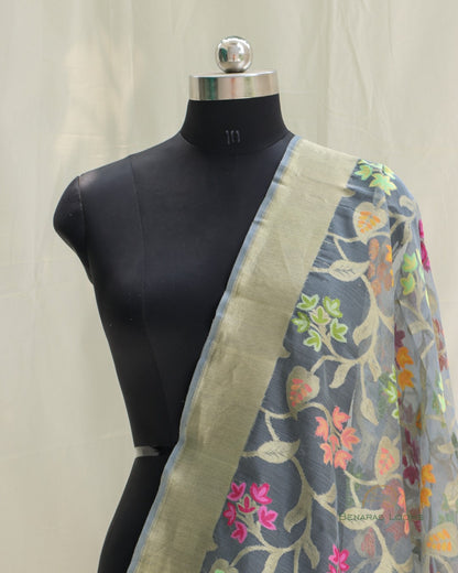 Grey Hanwoven Organza Net Banarasi Dupatta