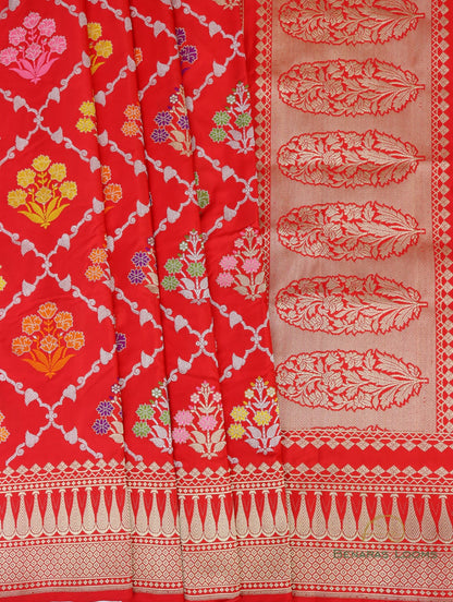 Red Handwoven Pure Kataan Silk Kadhua Jangla Banarasi Saree