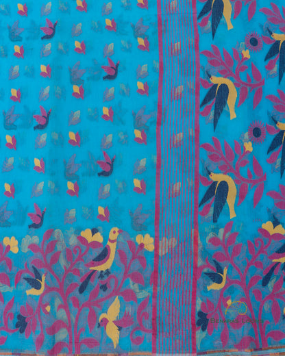 Blue Handwoven Cotton Silk Tantuj Saree.