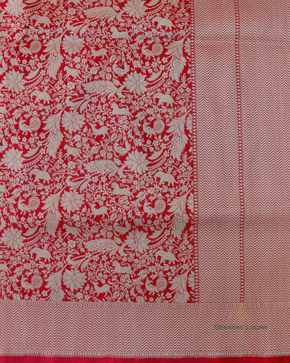 Red Handwoven Pure Kataan Silk Shikaargah Brocade Jaal Benarasi Saree.