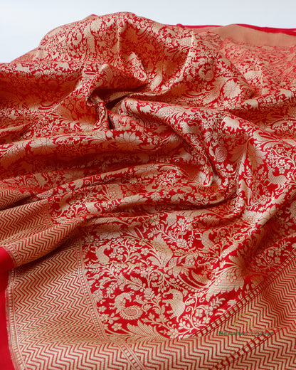 Red Handwoven Pure Kataan Silk Shikaargah Brocade Jaal Benarasi Saree.