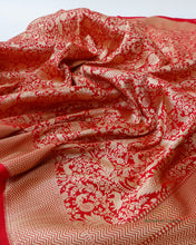 Load image into Gallery viewer, Red Handwoven Pure Kataan Silk Shikaargah Brocade Jaal Benarasi Saree.
