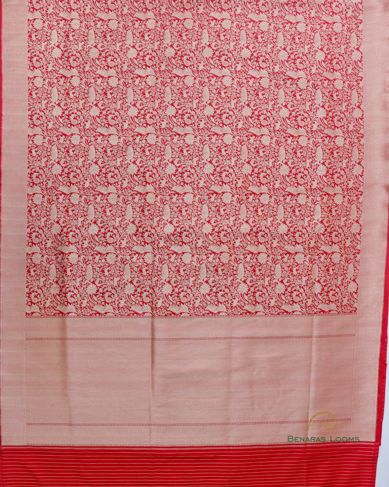 Red Handwoven Pure Kataan Silk Shikaargah Brocade Jaal Benarasi Saree.