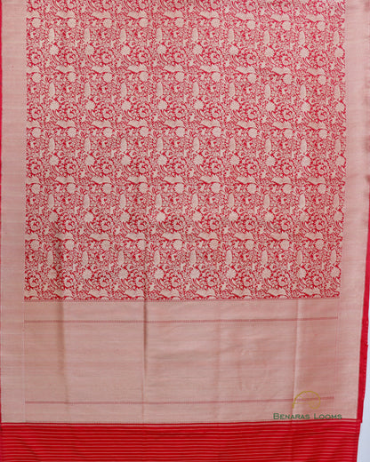 Red Handwoven Pure Kataan Silk Shikaargah Brocade Jaal Benarasi Saree.