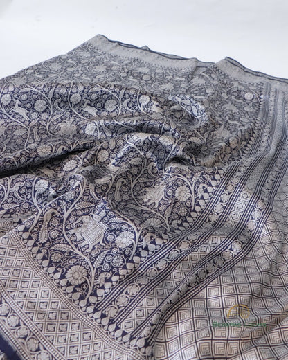 Navy Blue Handwoven Pure Silk Shikargah Banarasi Saree