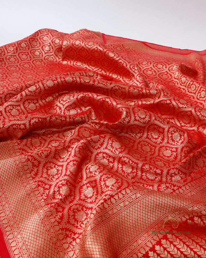 Red Handwoven Pure Silk Brocade Banarasi Saree.