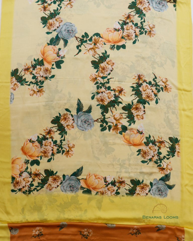 Digital Print Lemon Yellow Pure Silk Banarasi Saree