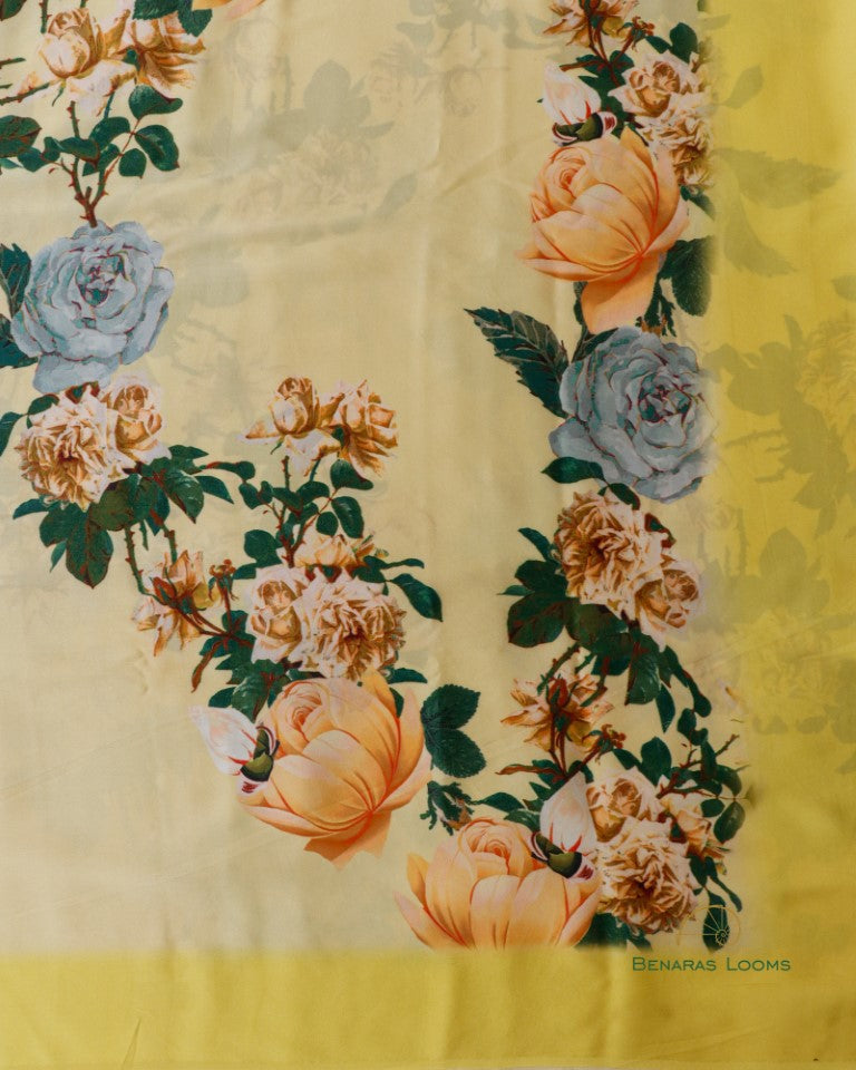 Digital Print Lemon Yellow Pure Silk Banarasi Saree