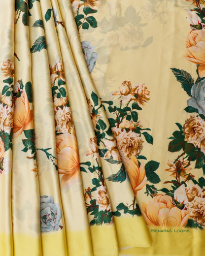 Digital Print Lemon Yellow Pure Silk Banarasi Saree