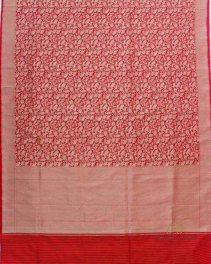 Red Handwoven Pure kataan Silk Shikaargah Brocade Jaal Benarasi Saree.