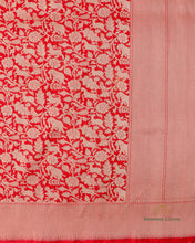 Load image into Gallery viewer, PRE-ORDER:Red Handwoven Pure kataan Silk Shikaargah Brocade Jaal Benarasi Saree.
