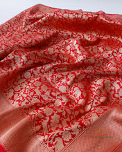 Load image into Gallery viewer, PRE-ORDER:Red Handwoven Pure kataan Silk Shikaargah Brocade Jaal Benarasi Saree.
