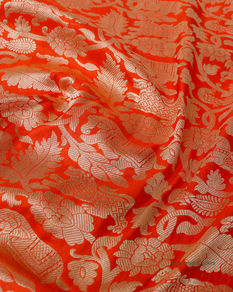 Orange Handwoven Pure Kataan Silk Brocade Shikargah Jaal Benarasi Saree
