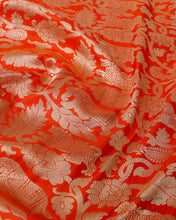 Load image into Gallery viewer, PRE-ORDER:Orange Handwoven Pure Kataan Silk Brocade Shikargah Jaal Benarasi Saree
