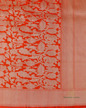 Load image into Gallery viewer, PRE-ORDER:Orange Handwoven Pure Kataan Silk Brocade Shikargah Jaal Benarasi Saree
