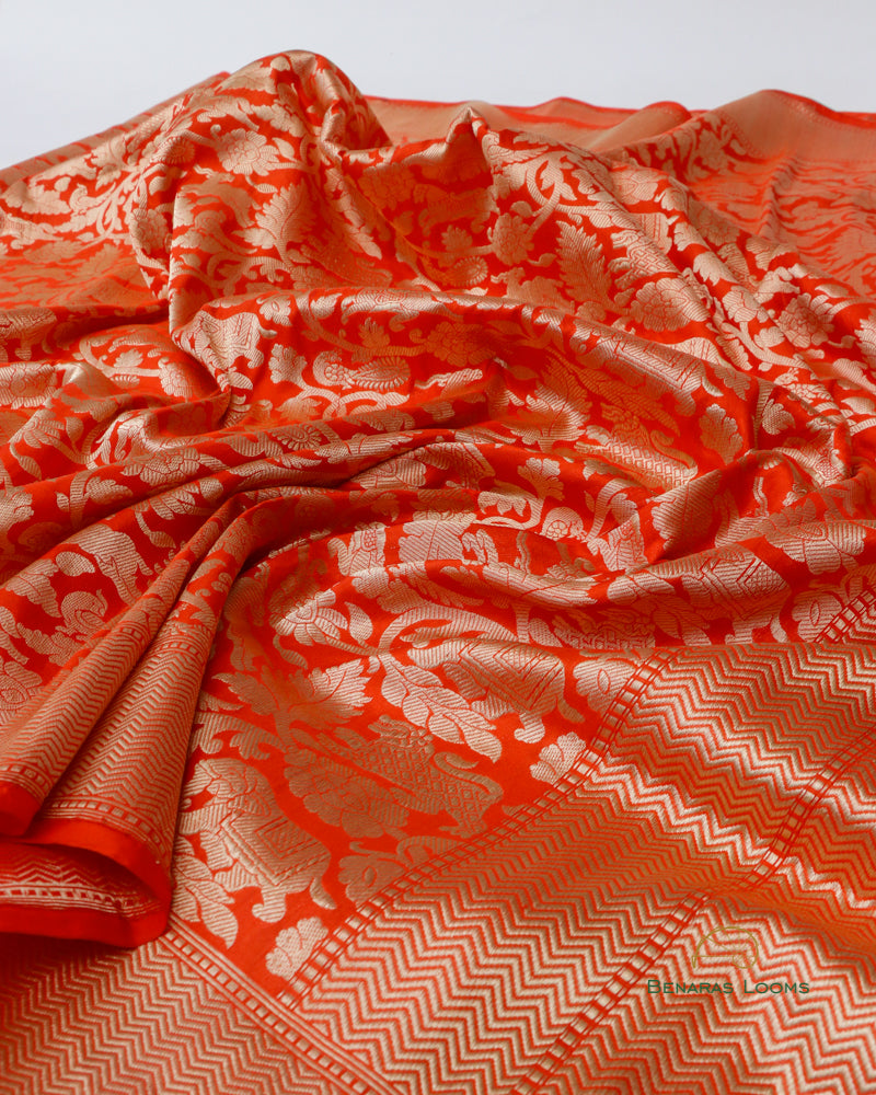 Orange Handwoven Pure Kataan Silk Brocade Shikargah Jaal Benarasi Saree