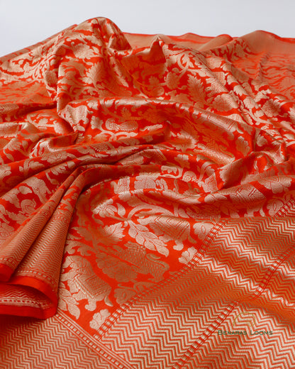 Orange Handwoven Pure Kataan Silk Brocade Shikargah Jaal Benarasi Saree
