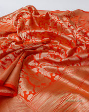 Load image into Gallery viewer, PRE-ORDER:Orange Handwoven Pure Kataan Silk Brocade Shikargah Jaal Benarasi Saree
